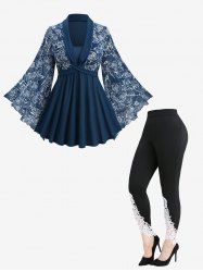 Rose Flower Leaf Print Ribbed Patchwork Flare Sleeve Top and Appliques Leggings Plus Size Outfit -  