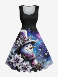 Robe Vintage Imprimé Bonhomme de Neige et Feuille 3D à Paillettes Grande Taille - Noir 2X
