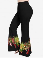 Plus Size Christmas Ball Stars Leaf Print Flare Pants -  