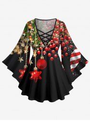 Plus Size Christmas Ball Stars Leaf Print Long Sleeves Lattice T-shirt -  