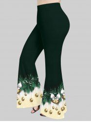 Plus Size Glitter Sparkling Christmas Ball Bell Bowknot Leaves Print Flare Pants -  