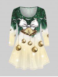 Plus Size Glitter Sparkling Christmas Ball Bell Bowknot Leaves Print Long Sleeves T-shirt -  