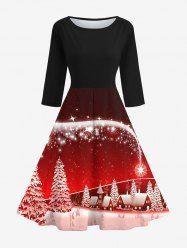 Robe Mi-Longue 50 sans Manches Brillante Imprimé Maison Galaxie et Sapin de Noël - Rouge XL