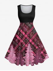 Robe Noël Vintage Brillant 3D Sapin de Noël Imprimé de Grande Taille à Paillettes - Rouge foncé 2X