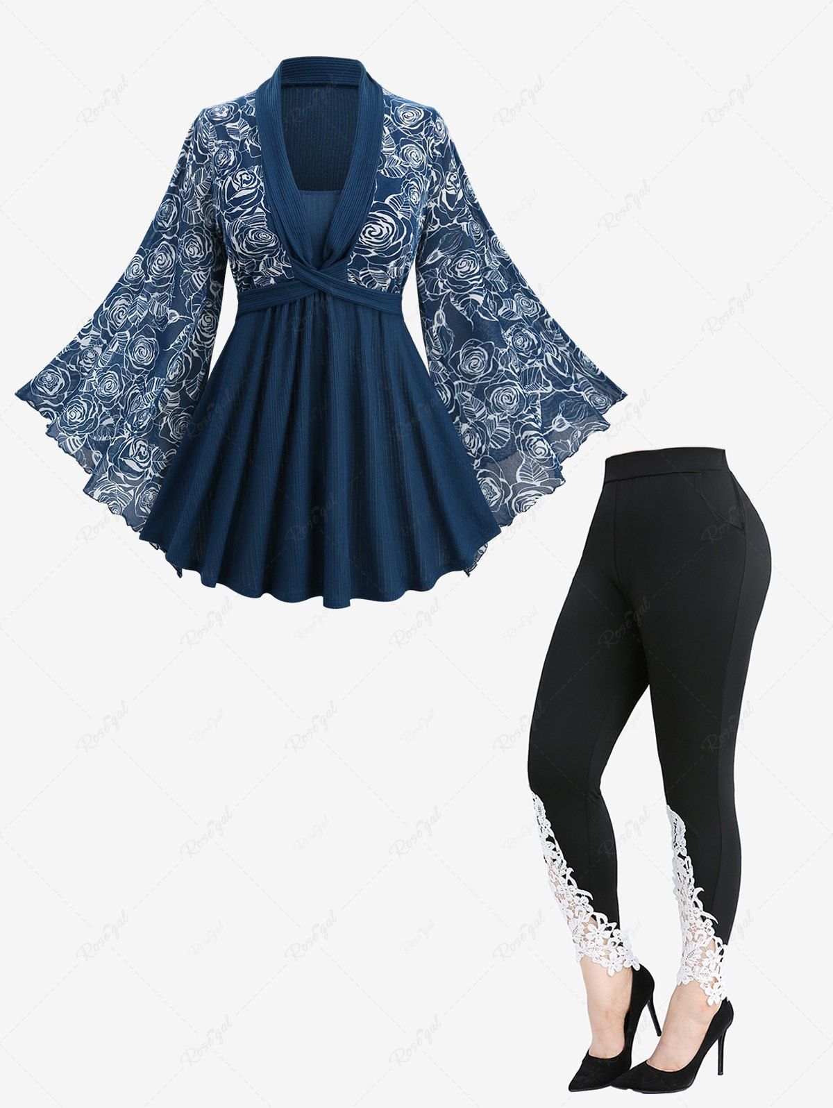 Fancy Rose Flower Leaf Print Ribbed Patchwork Flare Sleeve Top and Appliques Leggings Plus Size Outfit  