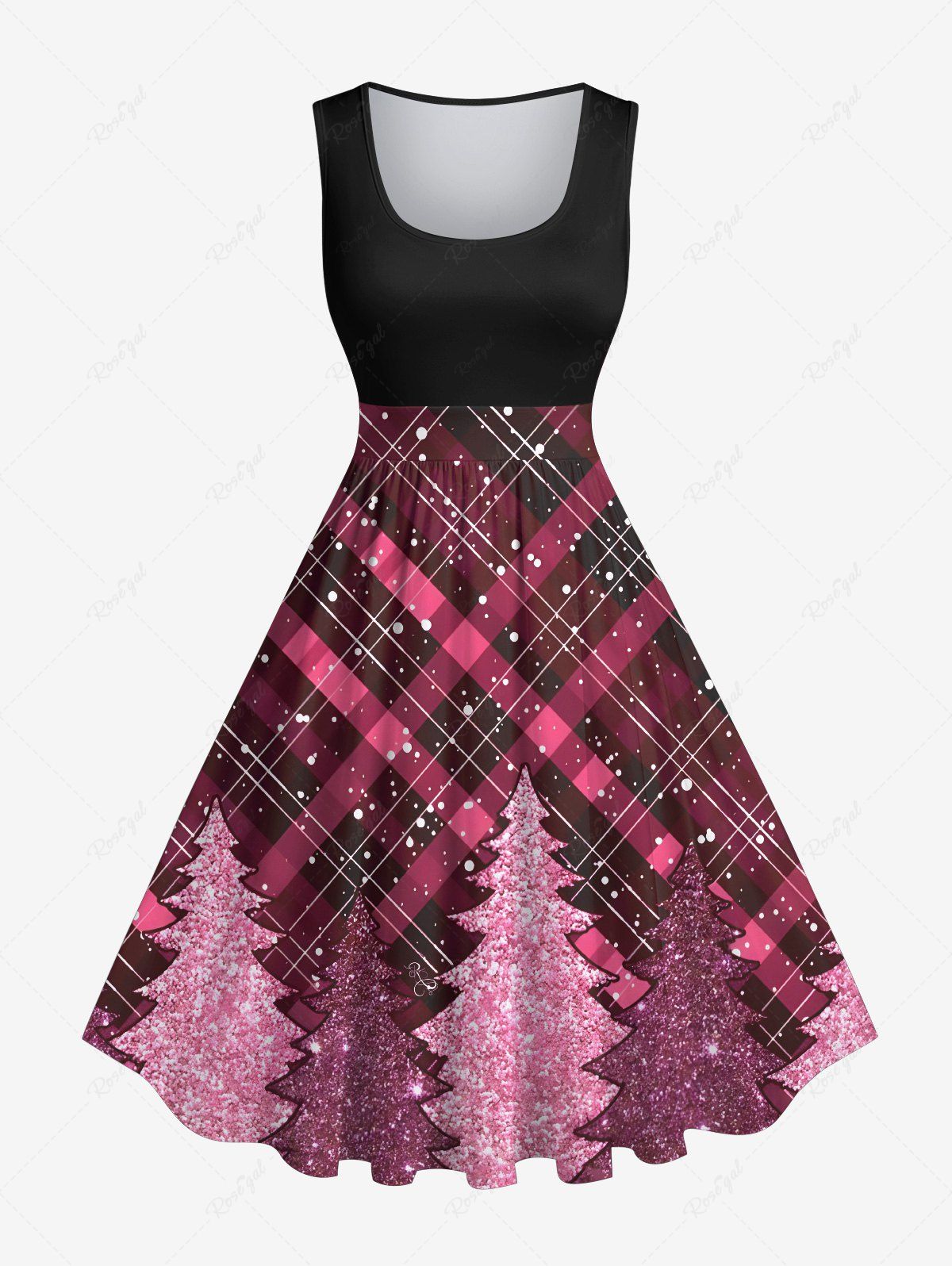 Robe Noël Vintage Brillant 3D Sapin de Noël Imprimé de Grande Taille à Paillettes Rouge foncé 2X
