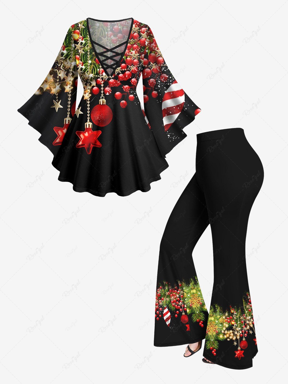 Ensemble de T-shirt Etoile Boule et Feuille Imprimées en Treillis de Grande Taille Noir 