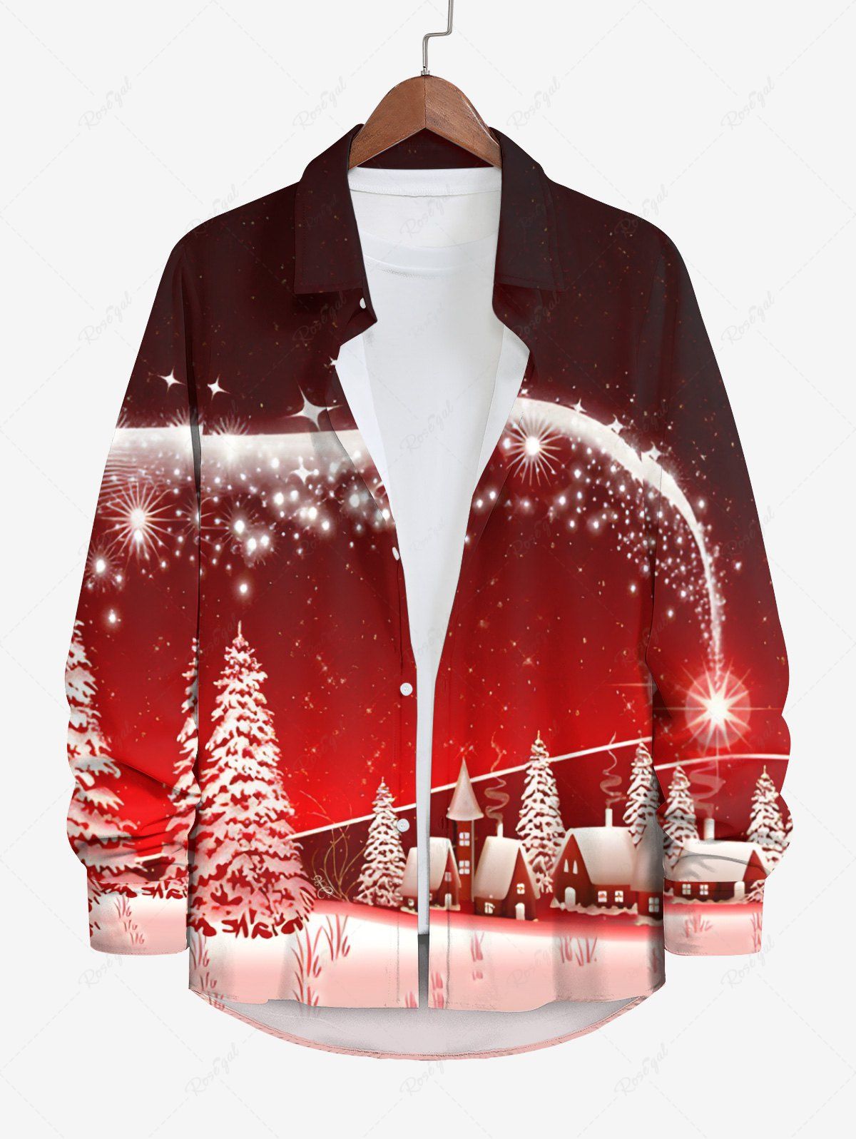 Chemise Manches Longues à Imprimé Sapins de Noël Élans et Etoiles Brillantes Grande-Taille pour Hommes Rouge 8XL