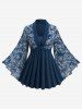 Rose Flower Leaf Print Ribbed Patchwork Flare Sleeve Top and Appliques Leggings Plus Size Outfit -  