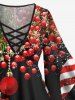 Plus Size Christmas Ball Stars Leaf Print Long Sleeves Lattice T-shirt -  