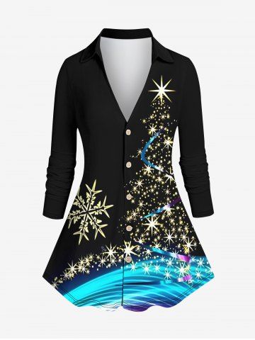 Plus Size Glitter Sparkling Christmas Tree Snowflake Light Beam Print Button Long Sleeves Shirt - BLACK - M