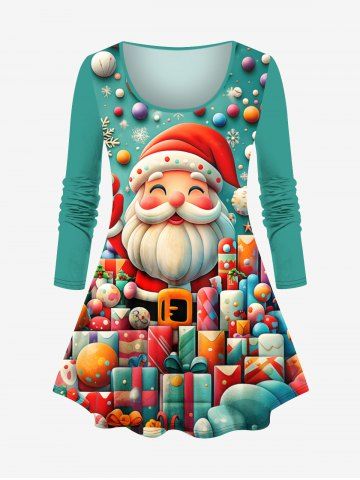 Plus Size Colorful Christmas Gift Ball Santa Claus Snowflake Print Long Sleeves T-shirt - GREEN - 1X