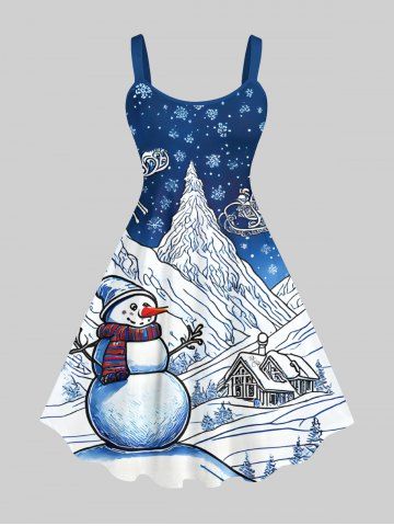 Plus Size Christmas Tree Elk Snowflake Snowman House Print Ombre A Line Tank Dress - BLUE - M
