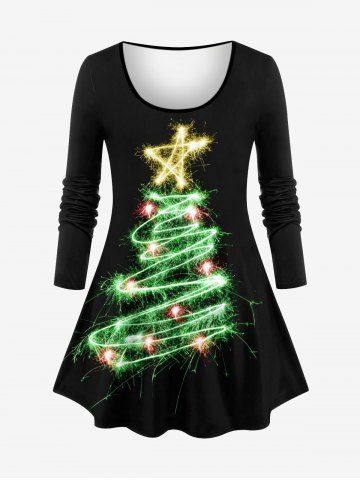 Plus Size Christmas Tree Star Light Glitter 3D Print T-shirt - BLACK - 2X