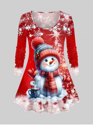Plus Size Christmas Snowman Snowflake Cup Print T-shirt