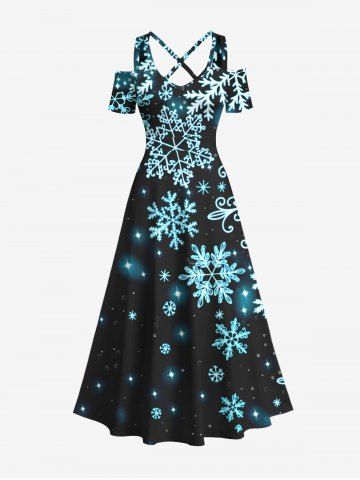 Maxi Robe de Noël Croisée 3D Etoile et Flocon de Neige Imprimés à Epaule Dénudée de Grande Taille à Paillettes - BLACK - 3X