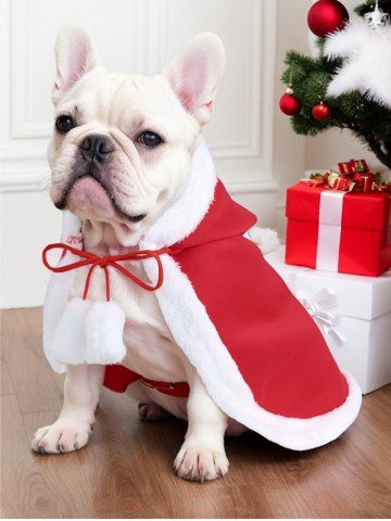 Pet's Christmas Fleece Trim Hooded Tie Cape Cloak - RED - M