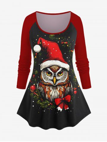 T-shirt de Noël Feuille Hibou et Boule Imprimés à Manches Longues Grande Taille