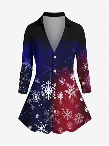 Plus Size Christmas Snowflake Ombre Galaxy Print Button Long Sleeves Shirt - BLACK - M