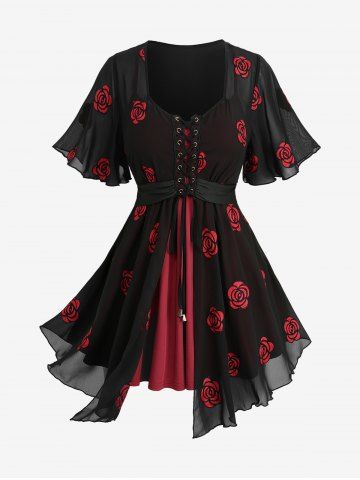 Plus Size Rose Flower Embroidery Mesh Grommets Lace Up Asymmetrical 2 In 1 Top - BLACK - M | US 10