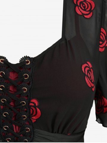 Plus Size Rose Flower Embroidery Mesh Grommets Lace Up Asymmetrical 2 In 1 Top