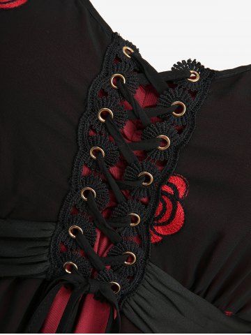 Plus Size Rose Flower Embroidery Mesh Grommets Lace Up Asymmetrical 2 In 1 Top
