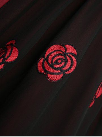 Plus Size Rose Flower Embroidery Mesh Grommets Lace Up Asymmetrical 2 In 1 Top