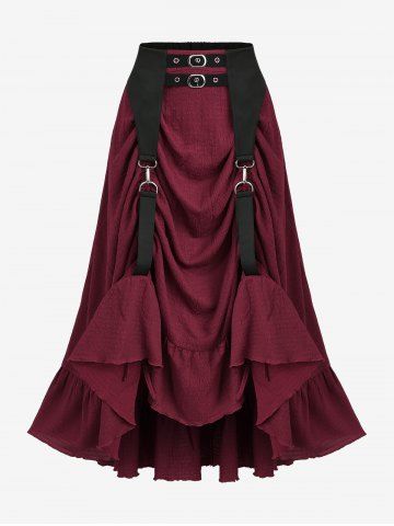 Plus Size Ruffles Grommets Buckle Steampunk Plisse Skirt - DEEP RED - 5X | US 30-32