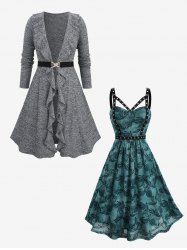 Marled Ruffles Ruched Tied Knitted Cardigan and Floral Leaf Print Mesh Straps Cut Out Dress Plus Size Outfit -  