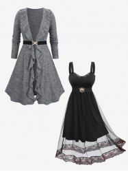 Marled Ruffles Ruched Tied Knitted Cardigan and Floral Mesh Lace Overlay Shell Buckle Dress Plus Size Outfit -  