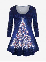 Plus Size Glitter Christmas Tree Ombre Galaxy Print Long Sleeves T-shirt -  