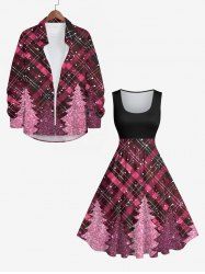 Christmas Tree Plaid Sparkling Sequin Glitter 3D Print Plus Size Matching Outfit For Couples -  