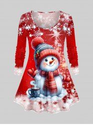 Plus Size Christmas Snowman Snowflake Cup Print T-shirt -  