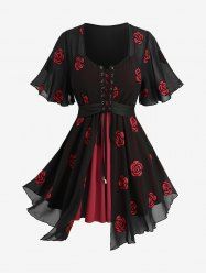 Plus Size Rose Flower Embroidery Mesh Grommets Lace Up Asymmetrical 2 In 1 Top -  