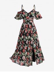 Plus Size Flowers Leaf Print Lace Trim Surplice Buckle Cold Shoulder Split Dress -  