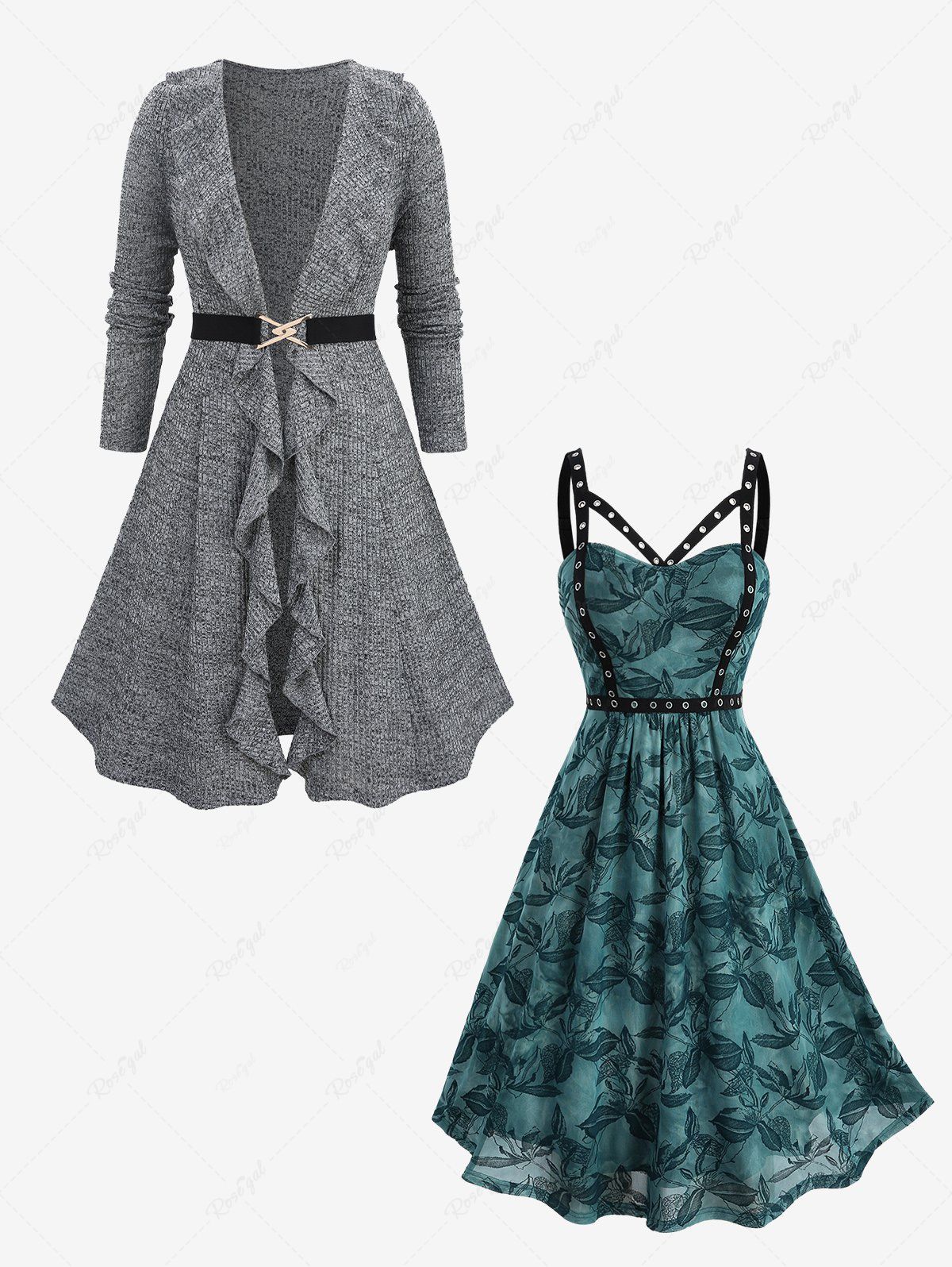 Discount Marled Ruffles Ruched Tied Knitted Cardigan and Floral Leaf Print Mesh Straps Cut Out Dress Plus Size Outfit  