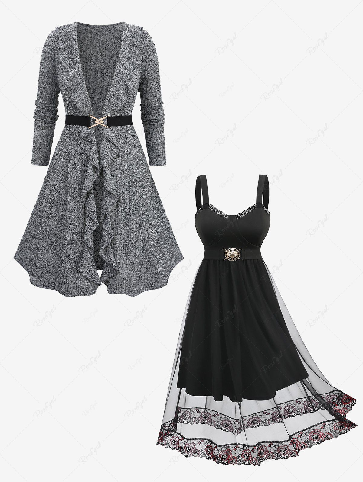 Shop Marled Ruffles Ruched Tied Knitted Cardigan and Floral Mesh Lace Overlay Shell Buckle Dress Plus Size Outfit  