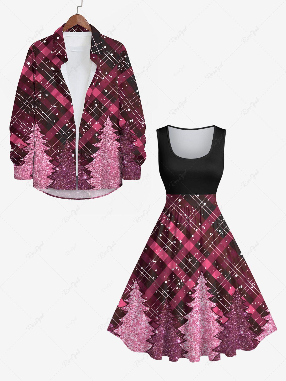 Shops Christmas Tree Plaid Sparkling Sequin Glitter 3D Print Plus Size Matching Outfit For Couples  