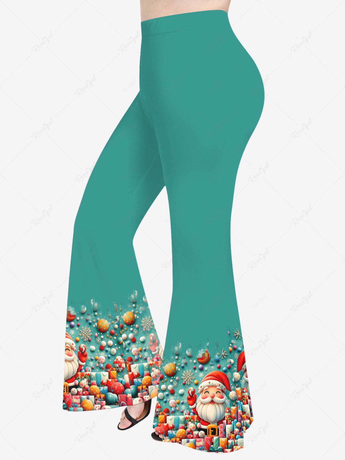 Trendy Plus Size Colorful Christmas Gift Ball Santa Claus Snowflake Print Flare Pants  