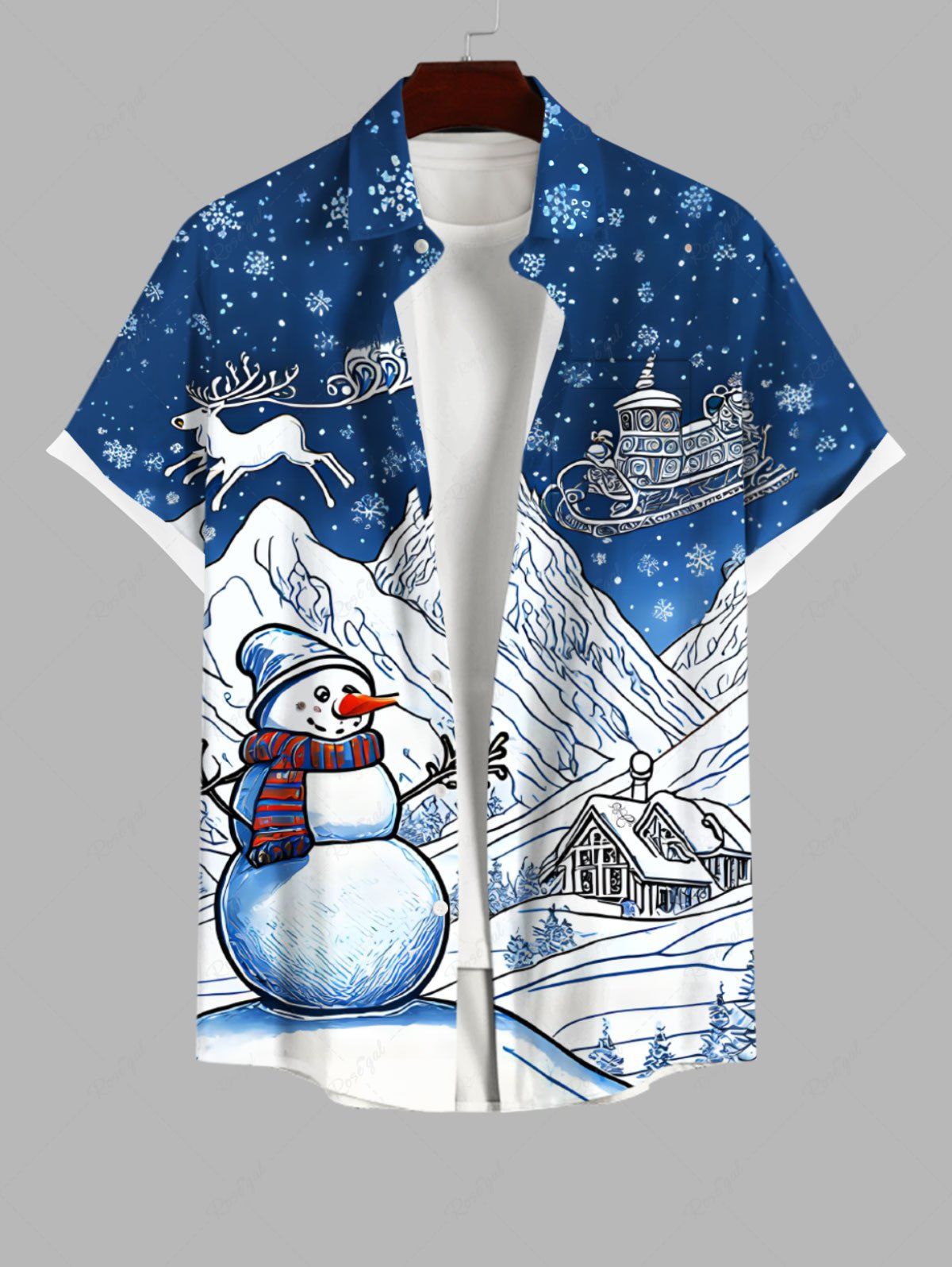 Chemise Boutonnée Imprimé Élément de Noël Grande Taille avec Poche Bleu 3XL