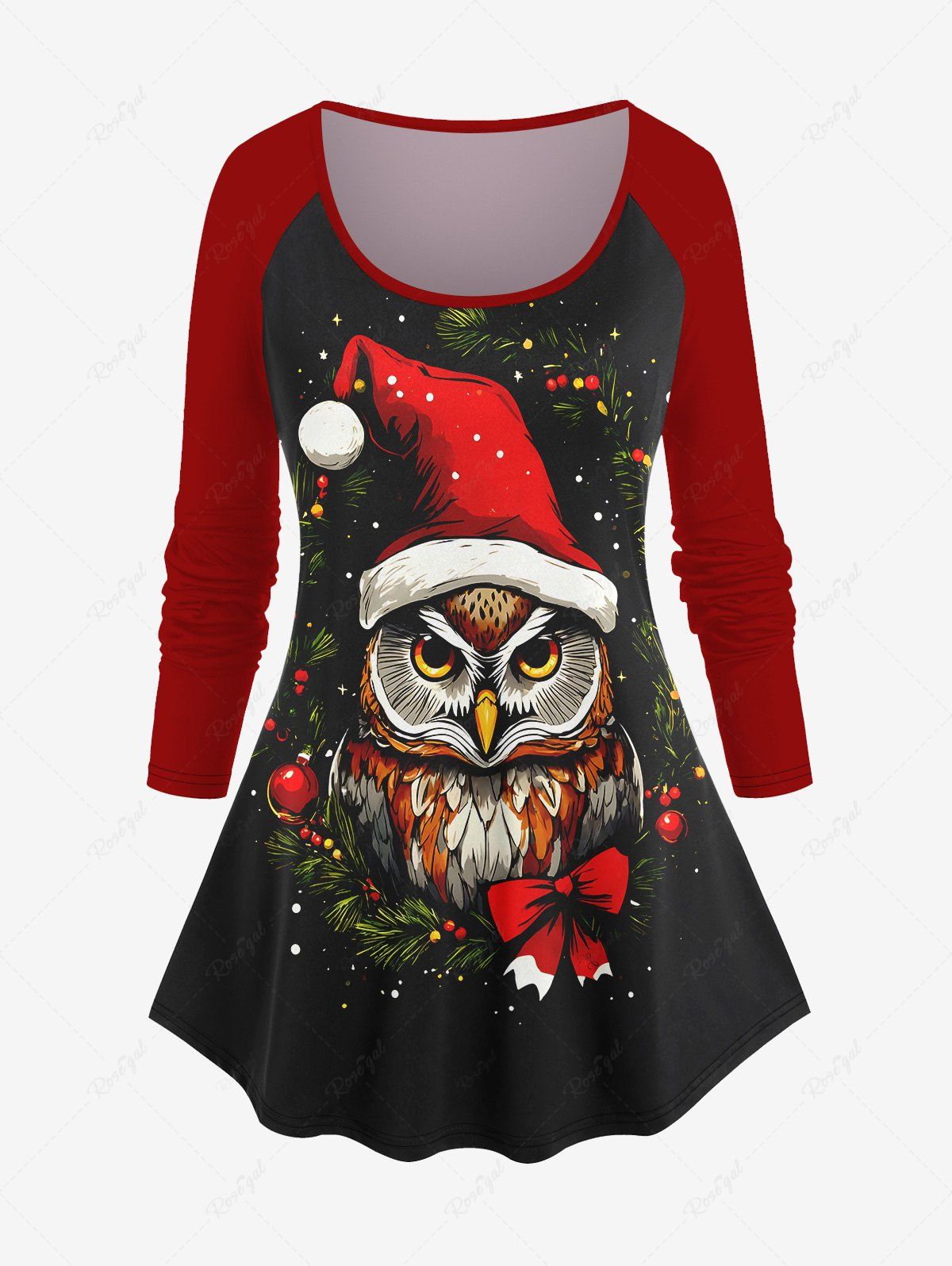 T-shirt de Noël Feuille Hibou et Boule Imprimés à Manches Longues Grande Taille Rouge 6X