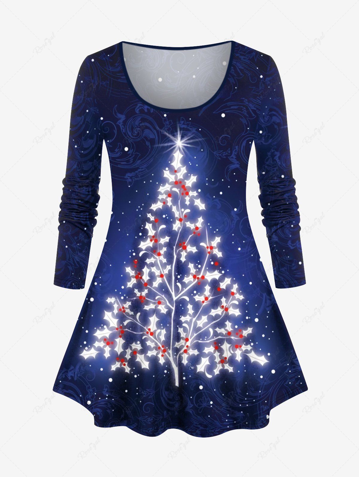 New Plus Size Glitter Christmas Tree Ombre Galaxy Print Long Sleeves T-shirt  