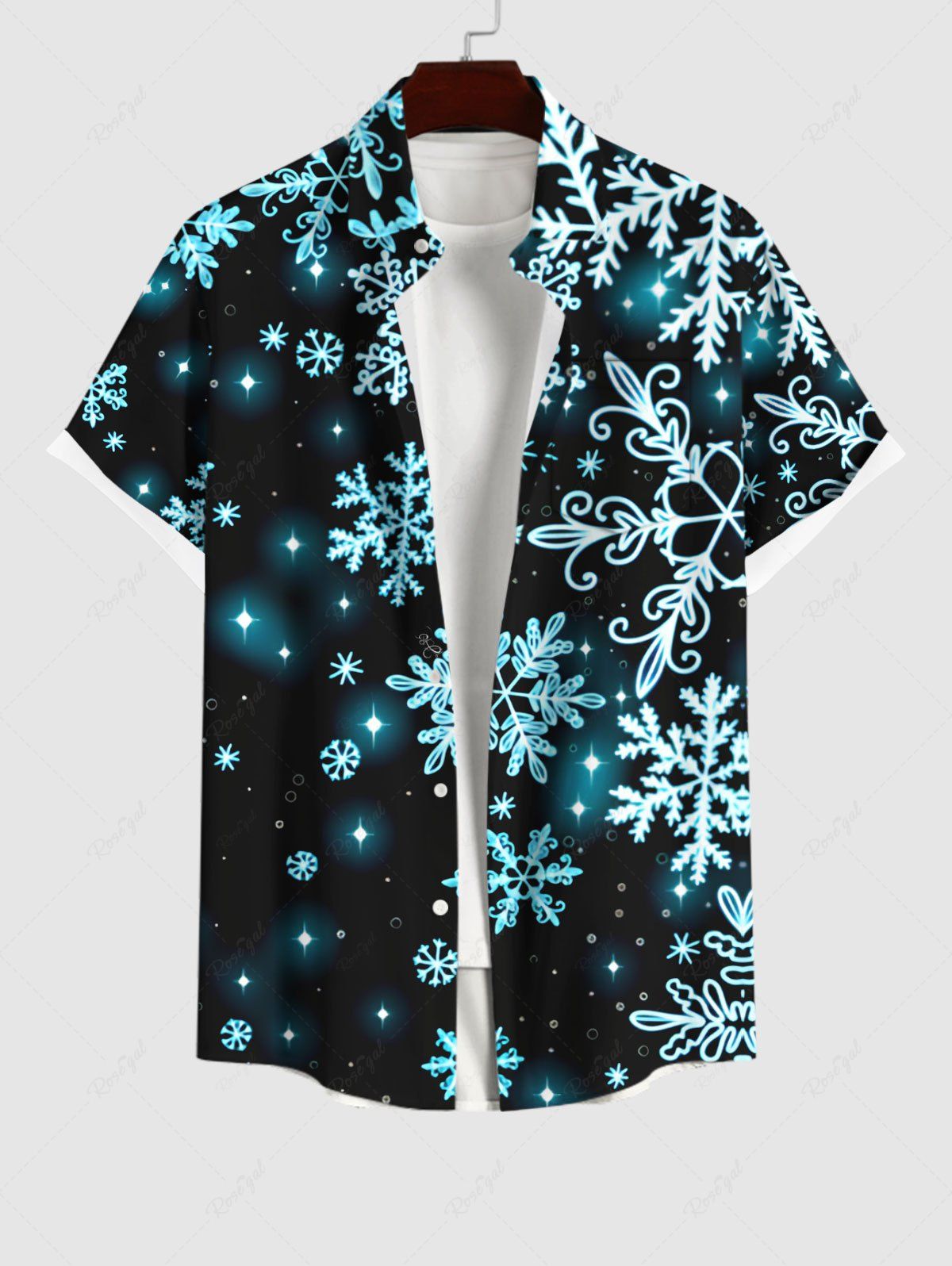 Discount Plus Size Christmas Snowflake Star Glitter 3D Print Buttons Pocket Shirt For Men  