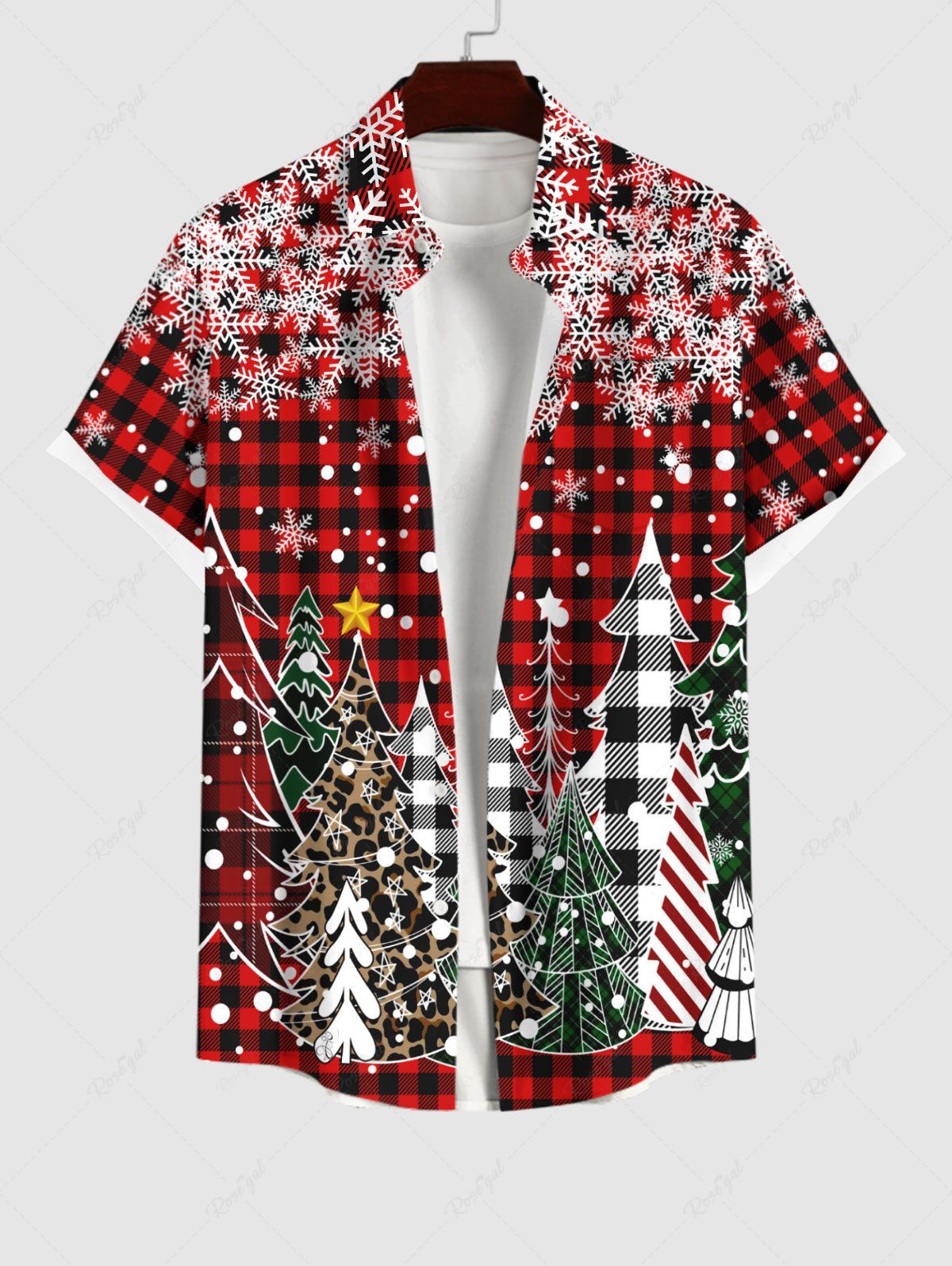 Chemise à Carreaux Etoile Flocon de Neige et Sapin de Noël Imprimés Grande Taille avec Poche pour Homme Rouge S