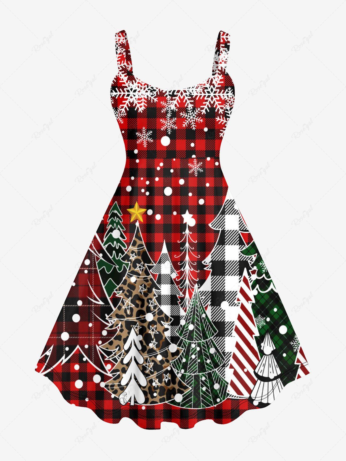 Robe Débardeur à Carreaux Etoile Flocon de Neige et Sapin de Noël de Grande Taille Rouge 2X