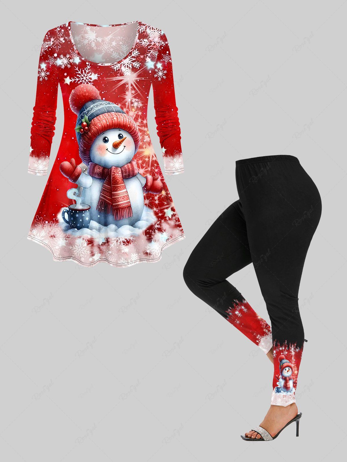 Chic Christmas Snowman Snowflake Cup Print Plus Size Matching Set  