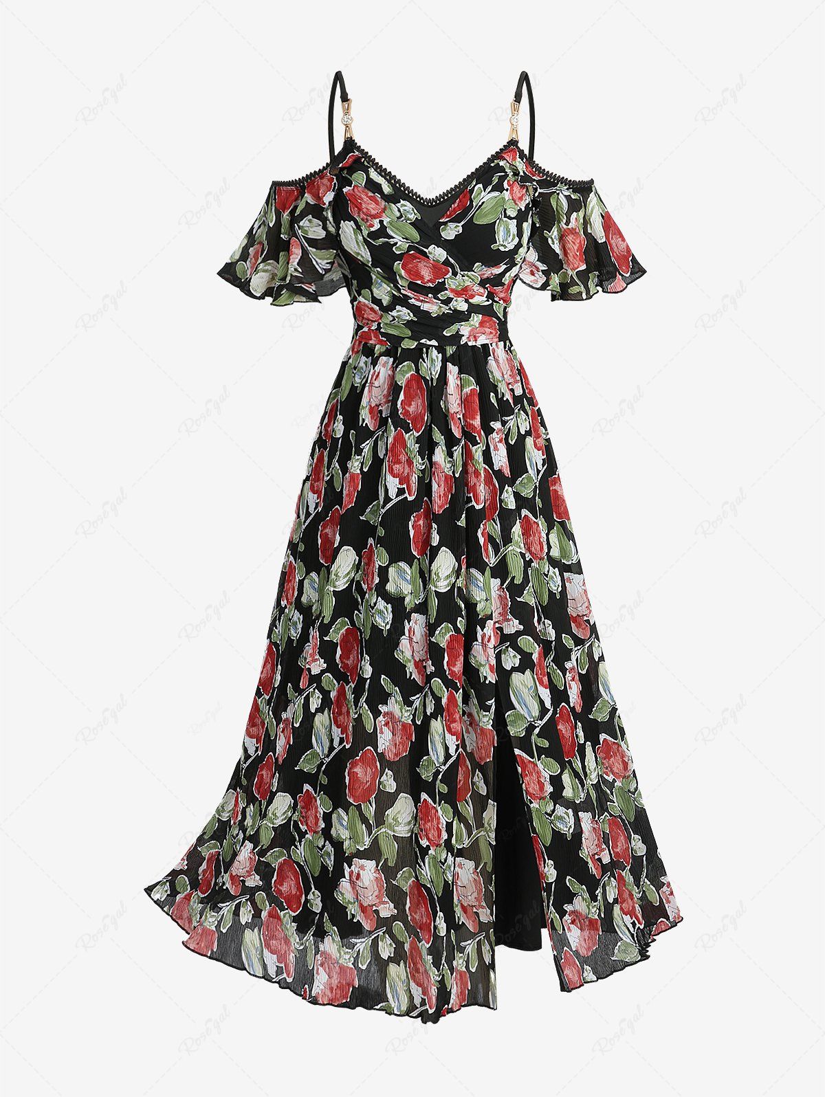 Best Plus Size Flowers Leaf Print Lace Trim Surplice Buckle Cold Shoulder Split Dress  