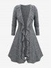 Marled Ruffles Ruched Tied Knitted Cardigan and Floral Mesh Lace Overlay Shell Buckle Dress Plus Size Outfit -  
