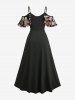 Plus Size Flowers Leaf Print Lace Trim Surplice Buckle Cold Shoulder Split Dress -  