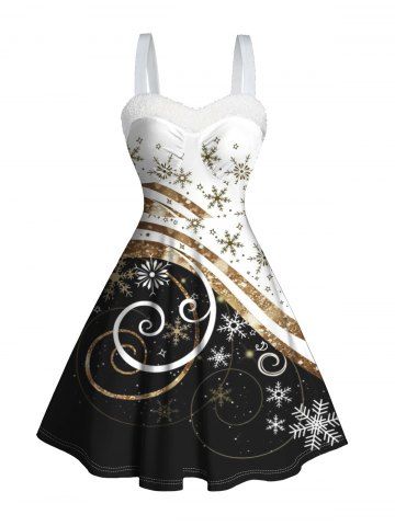 Christmas Glitter Snowflake Print Faux Fur Panel A Line Mini Dress - BLACK - M | US 6